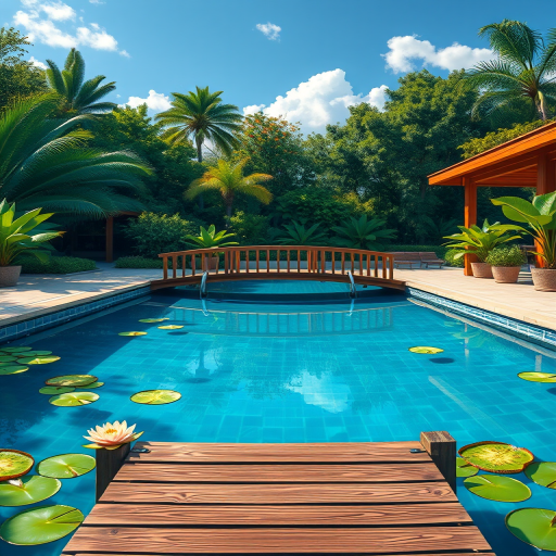 Create a high-resolution digital illustration of a serene swimming pool with a wooden bridge and lily pads, captured with a DSLR camera at f/8 aperture, ISO 100, with a wide-angle lens, using a vibrant color palette and high contrast lighting to enhance details.