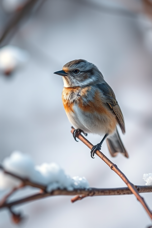 capture a detailed image of a small bird perched on a branch in a snowy environment with a shallow depth of field, natural lighting, ISO 400, aperture f/2.8, shutter speed 1/500s, using a DSLR camera with a 100mm macro lens, focus on the bird with a blurred background to enhance clarity and contrast