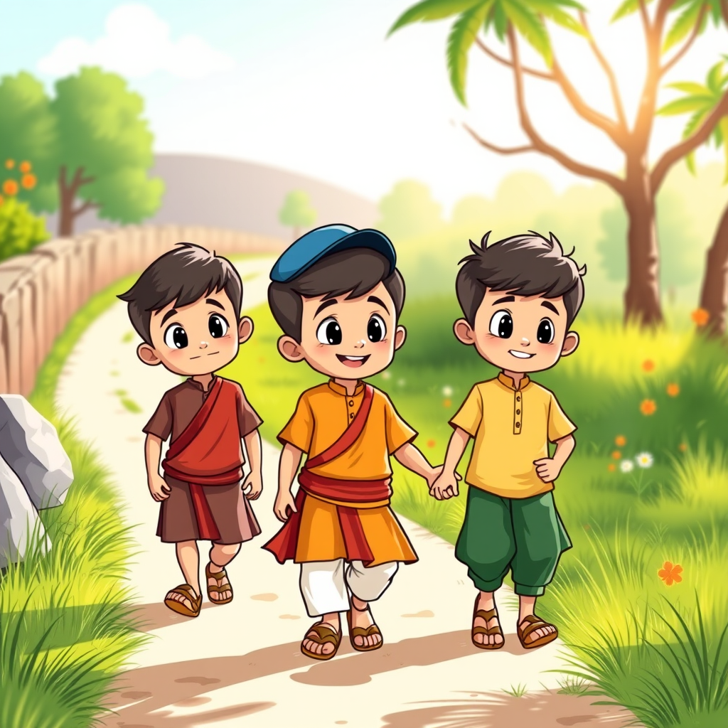 Create an illustration of three cartoon boys walking on a path, wearing traditional attire, one with a cap, bright colors, sunny day, cartoon style, 50mm lens, f/8 aperture, 1/200s shutter speed, natural lighting.