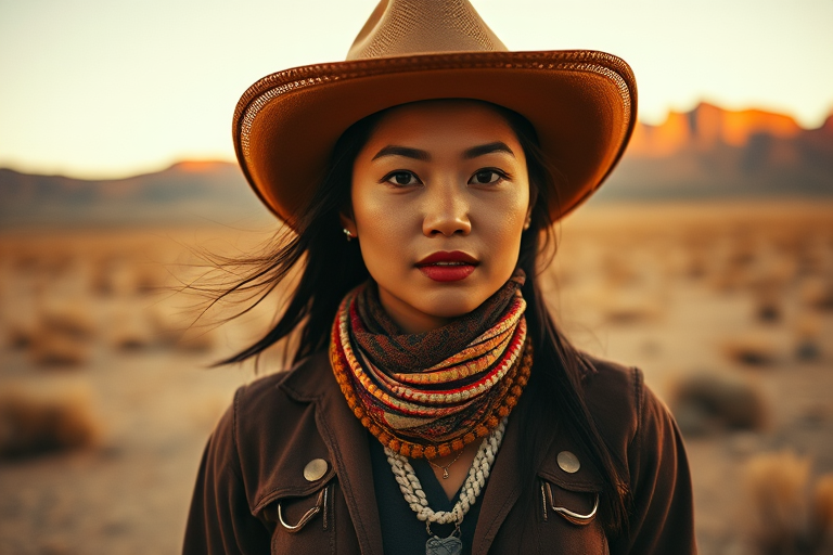 Dramatic photo of a beautiful Hmong woman, classic cowboy attire, confident and free spirit expression, half-length portrait, centered, golden hour desert landscape, warm, diffused light, low angle, medium format film camera, in style of Annie Leibovitz.