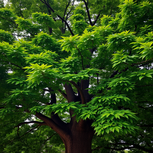 A large, lush green tree with thick foliage and a sturdy trunk, captured from a low angle using a DSLR camera, aperture f/8 for depth of field, ISO 100 for clarity, and a wide-angle lens to enhance the detail and vibrancy of the leaves.