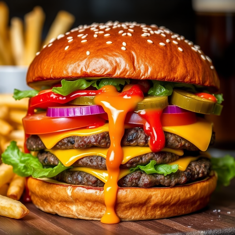 High-resolution, close-up image of a gourmet double cheeseburger. The burger features a glossy, sesame-seed-topped brioche bun. Inside, there are two thick, juicy beef patties, each topped with melted cheddar cheese. The burger is garnished with fresh lettuce, tomato slices, diced onions, and pickles. A generous amount of ketchup and a creamy, orange-colored sauce is dripping down the sides, adding to the mouth-watering appeal. In the background, there are blurred elements including a side of golden French fries and a hint of a beverage, enhancing the overall presentation of a delicious meal.