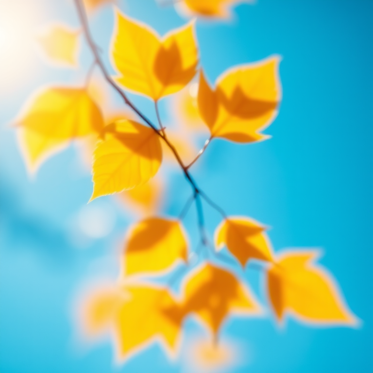 Create an abstract image of warm golden leaves swirling against a blue background with a bright light source, using a Canon EOS R5 camera, 50mm f/1.2 lens, aperture f/2.8, shutter speed 1/200s, ISO 100, soft focus style.