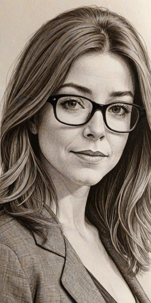 Appealing Alyson Hannigan, pencil sketch, portrait of Sublime woman 1977s in glasses, hair style beatnik, outline, clear lines, fine lines, 8k