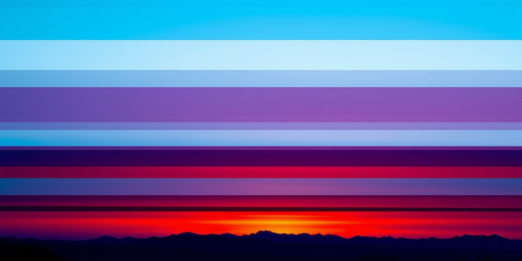 Create an abstract landscape with layered horizontal stripes in various shades of blue, light blue, and red at sunset over a silhouette of mountains, captured with a DSLR camera at f/8, ISO 100, with a wide-angle lens, and a slight gradient effect in post-processing to enhance vibrancy.