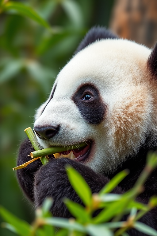 A close-up of a giant panda eating bamboo, captured with a Canon EOS 5D Mark IV, 85mm lens, f/2.8 aperture, ISO 100, natural lighting, shallow depth of field, focusing on the panda's face with a blurred background to enhance image quality.