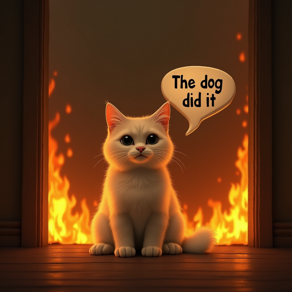 Photorealistic image of an innocent-looking cat sitting calmly in the middle of a burning room. Flames engulf the room, with fire licking up the walls and smoke filling the air. The cat is sitting on the floor, looking directly at the viewer with wide, innocent eyes. Above the cat, a speech bubble says "The dog did it". The contrast between the cat's calm demeanor and the chaos around it creates a humorous and surreal scene.
