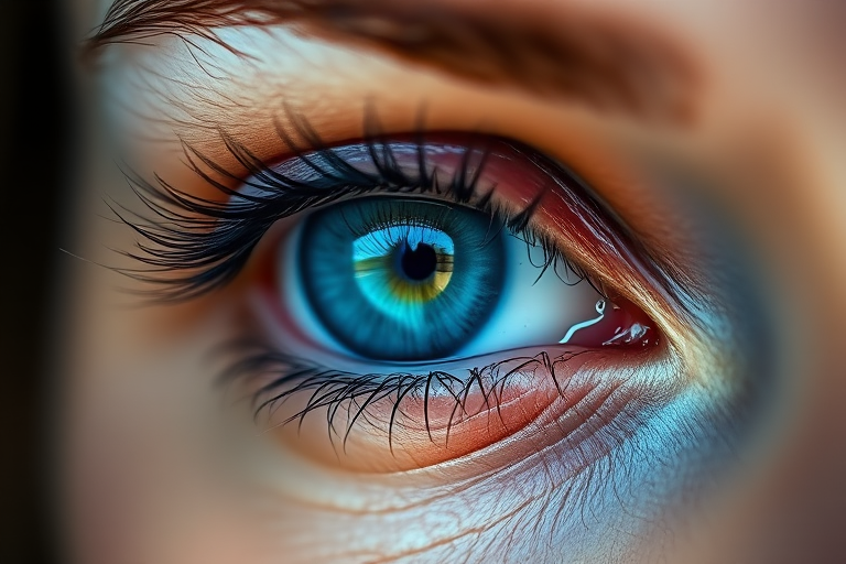 highly detailed close-up portrait of a woman's eye with vibrant blue iris and a tear, soft natural lighting, aperture f/1.8, ISO 100, 50mm lens, macro photography style, DSLR camera