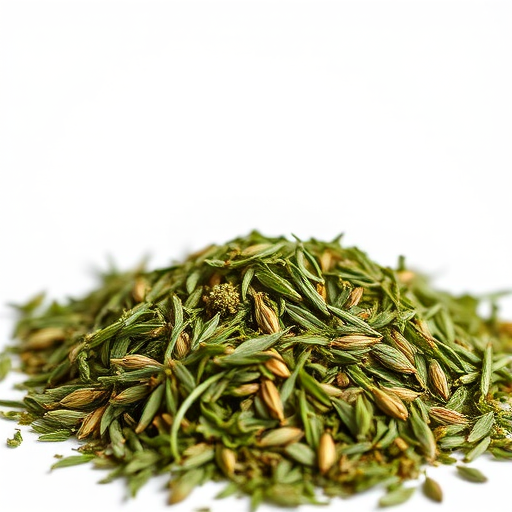 High-resolution close-up shot of a pile of dried green herbs on a clean white background, using a DSLR camera with a 50mm lens, aperture f/2.8, ISO 100, and a softbox for diffused lighting.