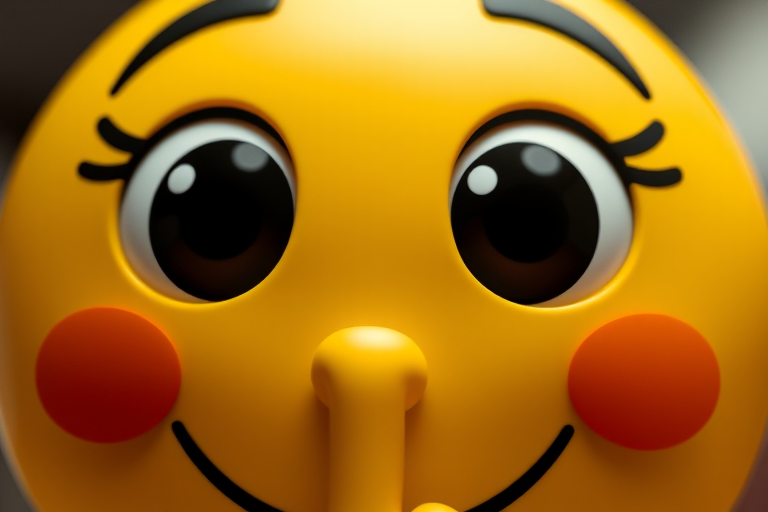 Create a close-up image of a cartoonish yellow emoji face with large eyes and a finger on its lips in a playful shushing gesture, using a DSLR camera, f/2.8 aperture, 50mm lens, ISO 100, and soft natural lighting to enhance colors and details.