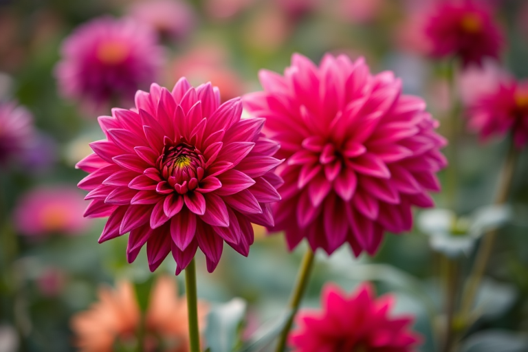 close-up of vibrant dahlias in a garden with a bokeh background, aperture f/2.8, ISO 100, 50mm lens, natural soft lighting, DSLR camera
