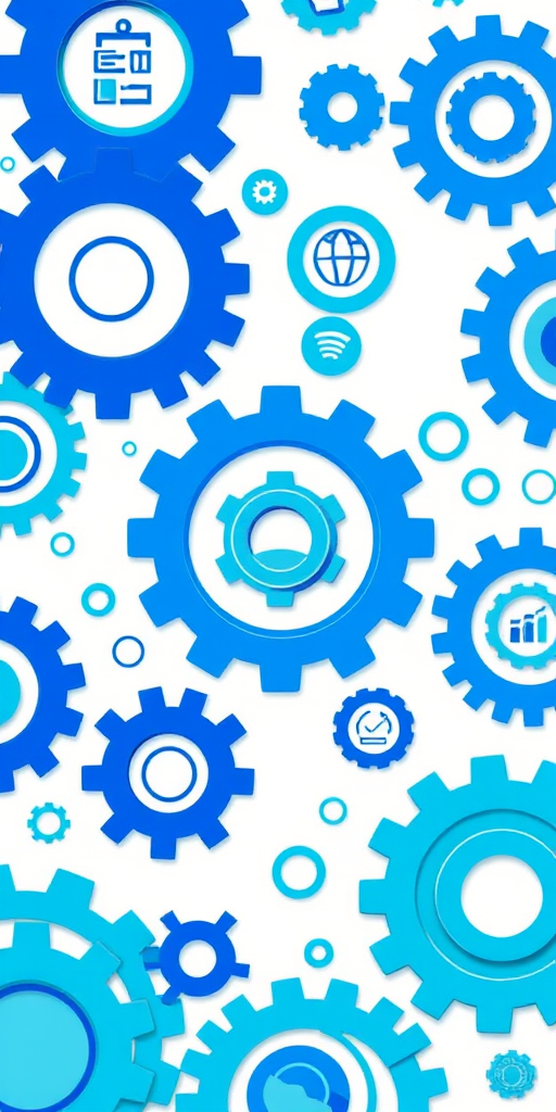 Create an illustration featuring a variety of blue and teal gears with business-related icons, ensuring a clean, modern design; use a Canon EOS R5 camera, f/4 aperture, 1/125s shutter speed, ISO 100, with a soft focus background for depth.