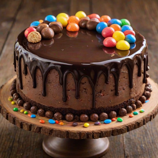 Create an image of a decadent chocolate cake topped with colorful candy-coated chocolates and small cookies. The cake should have a shiny chocolate ganache dripping down the sides, with a rustic wooden background and scattered candies around the base.