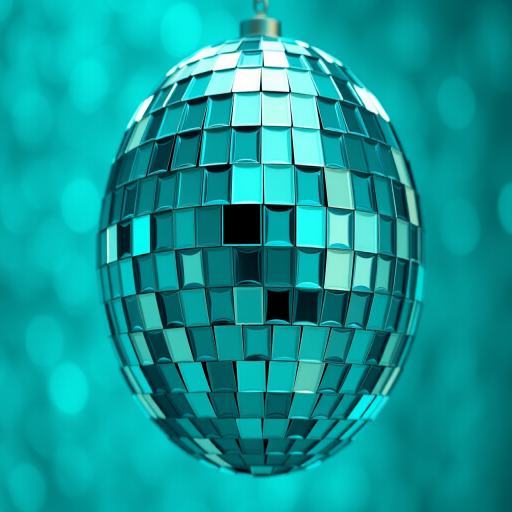 Create a high-resolution image of a disco ball made of reflective squares in shades of teal, using a DSLR camera with a 50mm lens, ISO 100, f/2.8 aperture, and a soft-focus background effect, shot from a slightly elevated angle to emphasize curvature and shine.