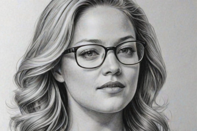 Splendid Erika Christensen, pencil sketch, portrait of Ravishing woman 1978s in glasses, hair style beatnik, outline, clear lines, fine lines, 8k