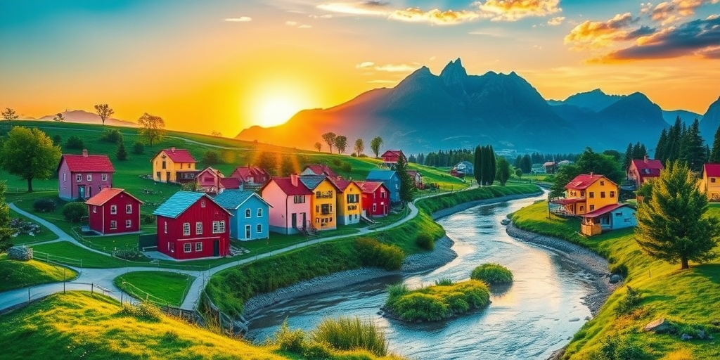 Create a vibrant, whimsical landscape featuring colorful houses and a winding river, with a sun setting behind mountains, captured with a DSLR camera at f/8, ISO 100, 24mm focal length, in bright, saturated colors and soft, natural lighting.