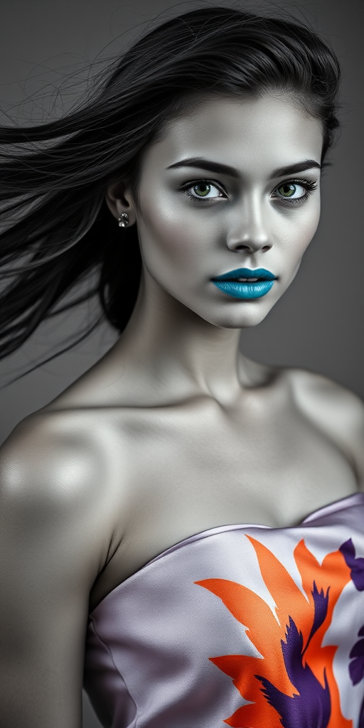 Photographic image of a beautiful young Maori woman, green eyes, lips with cyan lipstick, long hair fluttering in the wind and wearing a silk strapless dress with a soft purple and orange print. monochrome image with only color highlights in the iris of the eyes, lipstick and dress. Gray background.