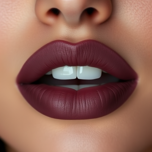 Sultry matte mauve lips with a velvety appearance, slightly parted to reveal a hint of teeth, exuding elegance and sophistication