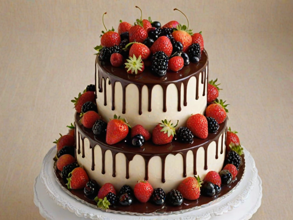 Create an image of a three-tiered cake decorated with fresh berries and chocolate ganache. The bottom tier should be the largest, with cascading chocolate dripping down the sides. Each layer should be adorned with a variety of strawberries, raspberries, blueberries, and blackberries, along with green leaves for contrast. The cake should have a smooth white frosting finish.