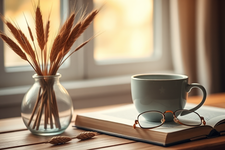create a cozy still life scene featuring a vase with wheat, a coffee cup with stars, reading glasses, and a book with soft bokeh background, use a 50mm lens, f/2.8 aperture, ISO 100, natural light from a window, shot with a DSLR camera