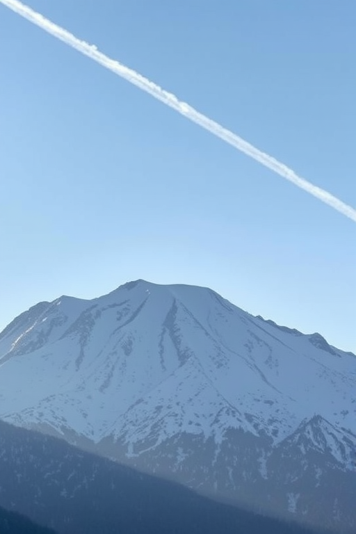 capture a high-resolution image of a snow-capped mountain under a clear sky with a contrail, using a DSLR camera, 50mm lens, aperture set to f/8, ISO 100, shutter speed 1/200s, in early morning light for enhanced clarity and detail