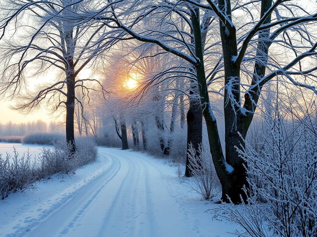 capture a winter landscape with frosted trees and a snowy path at sunrise, focus on soft natural lighting, aperture f/11, shutter speed 1/125, ISO 200, use a wide-angle lens, take a low-angle shot for depth, DSLR camera