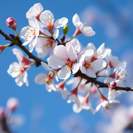 macro shot of cherry blossom flowers on a branch with blue sky background, f/2.8 aperture, ISO 100, 1/250s shutter speed, shallow depth of field, DSLR camera, natural lighting, 50mm lens