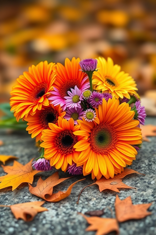 A vibrant bouquet of orange, purple, and yellow gerbera daisies and asters resting on a textured stone surface, surrounded by fallen autumn leaves, soft bokeh background, shot with a Canon EOS R5, 50mm lens, f/1.8, ISO 100, 1/200s.