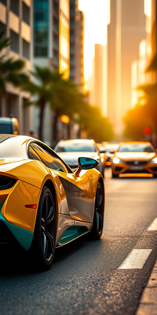 A vibrant city street scene featuring a sleek yellow and turquoise sports car in the foreground, with blurred luxury cars in the background, captured in golden hour light, using a DSLR camera at f/2.8, ISO 100, 50mm lens, shot from a low angle to emphasize the car's design and enhance depth of field.