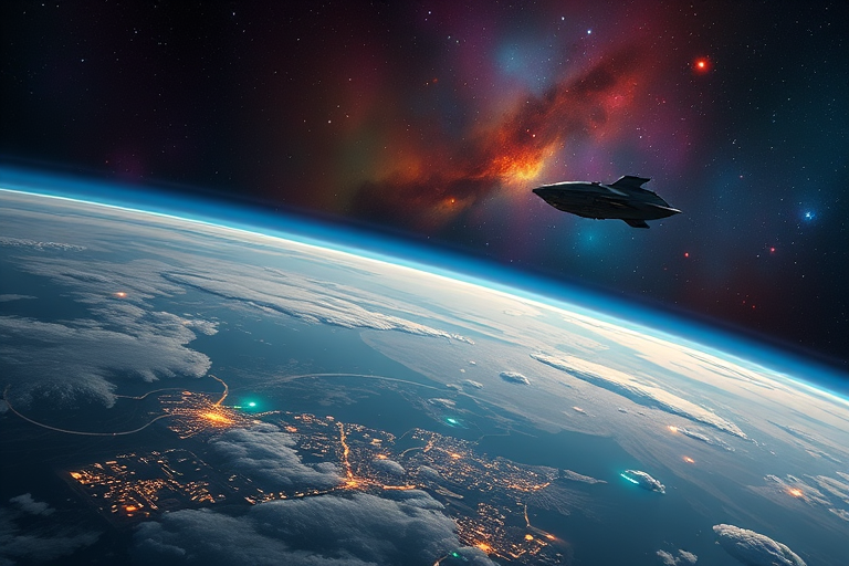 Depict a distant view of Earth with vibrant lights highlighting cities, while a sci-fi spaceship hovers nearby against a colorful nebula background; use a Canon EOS R5 with a 24mm lens, aperture f/8, ISO 100, and HDR photography style for enhanced details and vibrant colors.