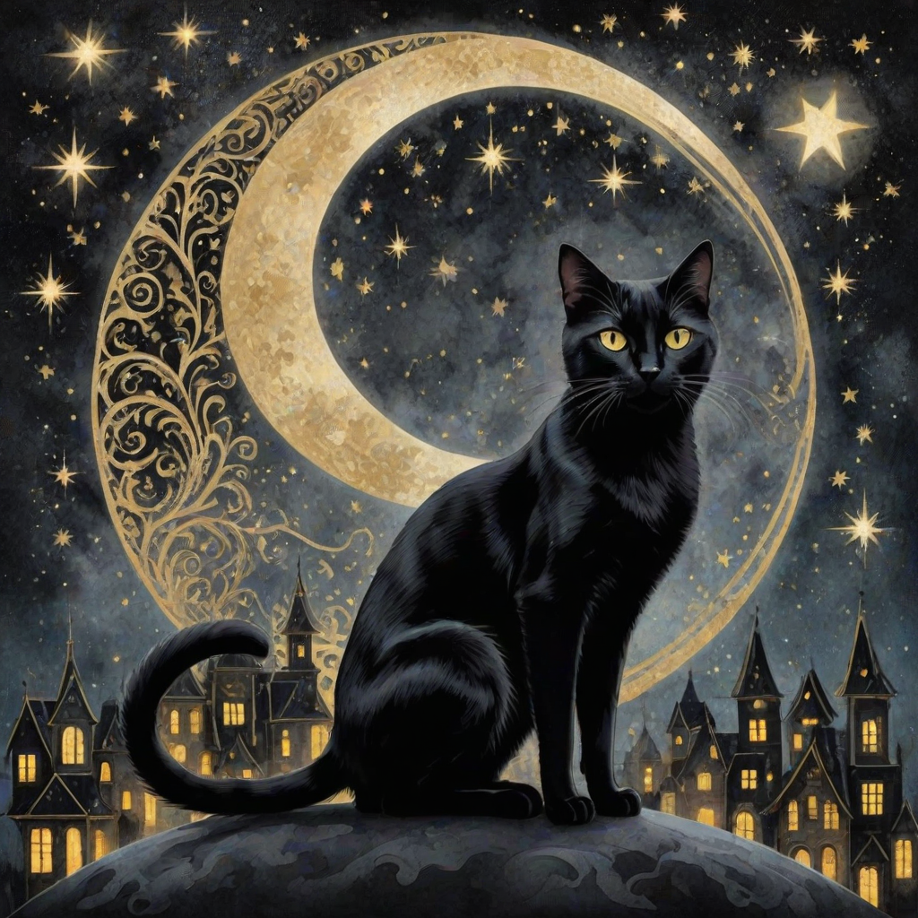 a stylized black cat with iridescent golden arabesques all over its body, on a grungy smoky black background with matching celestial designs, a full moon with silhouettes of lit houses, bright shooting stars, dazzling, magical BG, reminiscent of Christmas wonderland