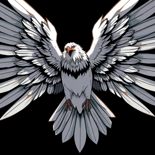 high-resolution illustration of a stylized bird with spread wings, intricate feather details, black and white color scheme, dramatic lighting, shot with a DSLR camera at f/2.8, 50mm lens, ISO 100, low angle view to emphasize wingspan, sharp focus on feather texture