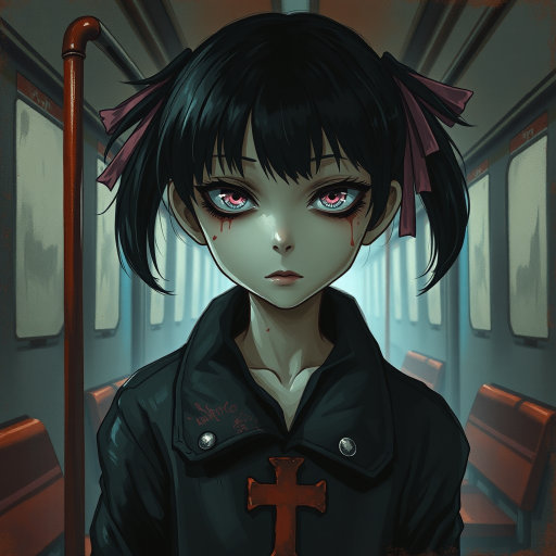 Darkness, horror, creepy, Impressionist Anime painting, metro 2033, disease, mine - type, mass - produced type, cross, slanted eyes, thick coating, twintails, ribbon, black hair, pink eyes, on metro station interior, horror movie atmosphere, dramatic light atmosphere, by Malcolm Liepke, Casey Baugh, jujin ito, and Nick Alm