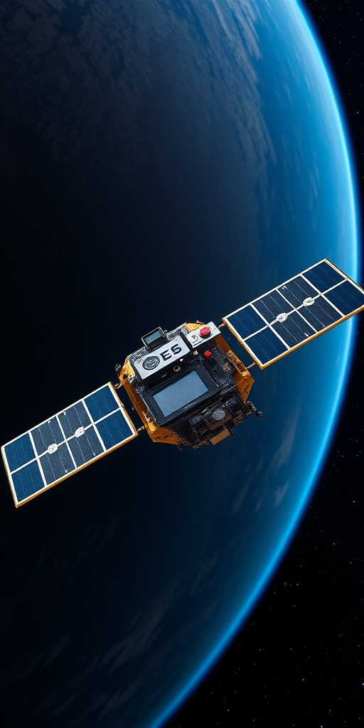 Create a high-resolution image of a scientific satellite in space with a 50mm lens, f/8 aperture, ISO 100, captured from a slight upward angle using a professional DSLR camera with HDR settings for enhanced detail and color vibrancy.