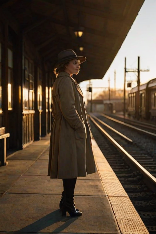 Old train station at dusk, with a vintage locomotive parked on the track, a woman in a trench coat waits on the platform, the setting sun casting long shadows behind her.