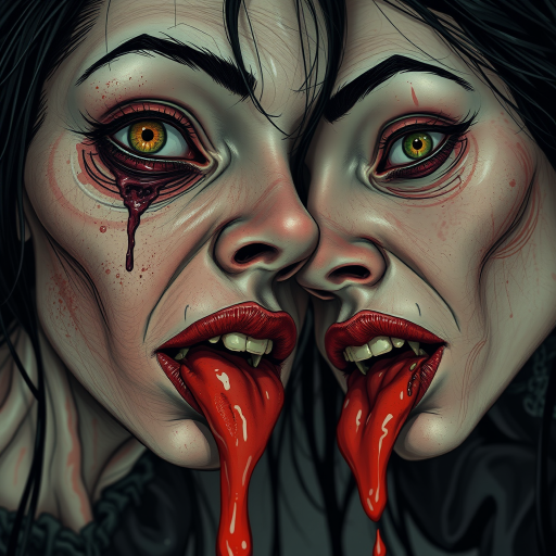 (perspective) of A creepy (ethnicity) zombie cyborg with (descriptive color) skin, (color) lipstick (color) liquid flowing from her eyes and mouth, (perspective two) portrait, (camera angle), extremely detailed, (art style) in the style of Yoshitaka Amano and Tetsuo Hara. --ar 85:128 --style raw --niji 6