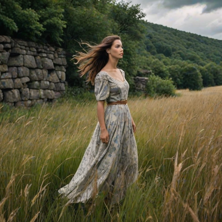Overgrown field by a crumbling stone wall, a woman stands among the tall grass, her flowing dress catching the wind as she gazes up at the storm clouds gathering above.