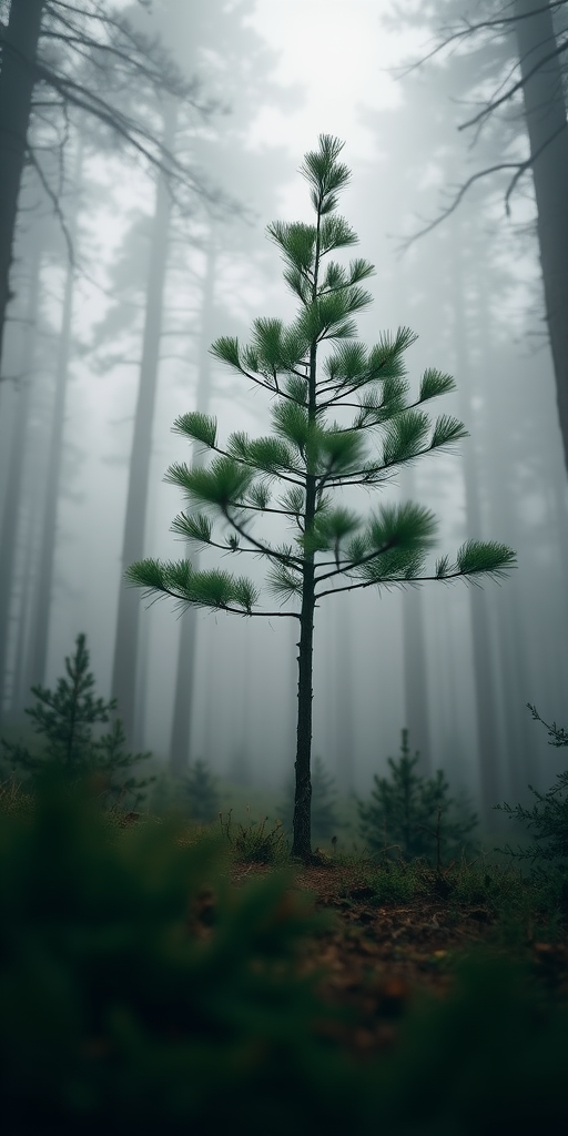 Capture a solitary pine tree in a misty forest setting with a shallow depth of field, using a DSLR camera at f/4 aperture, ISO 200, 1/200s shutter speed, taken from a low angle perspective to emphasize the tree against the foggy backdrop.