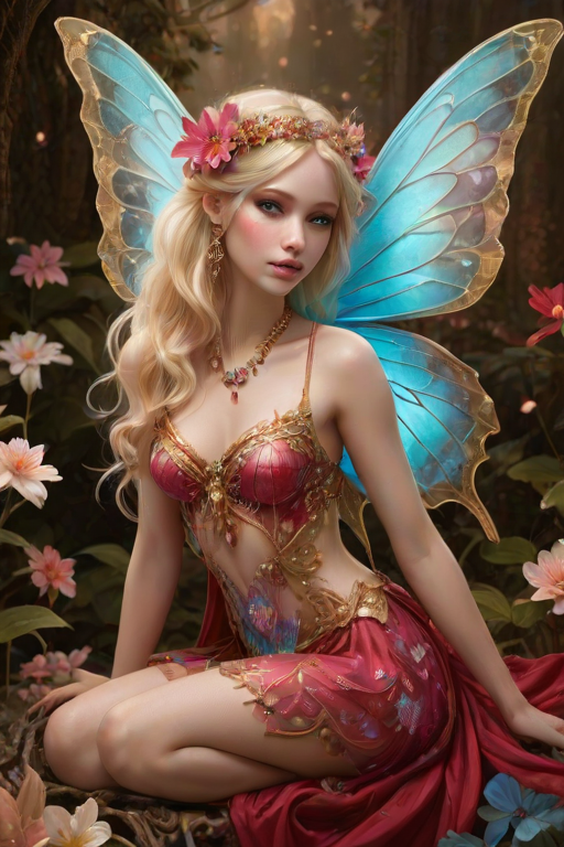 A digital artwork features a winged fairy with delicate Cerise butterfly wings, adorned with intricate Cyan andAuburn patterns. She is seated on a vibrant Sepia flower, wearing a revealing red two-piece outfit with sparkling beadwork. Her fair skin, long blonde hair, and gold jewelry add to her ethereal appearance. The background is a warm, golden gradient, creating a magical atmosphere. Small glowing orbs and sparkles surround the flower, enhancing the enchanting, highly detailed, and realistic scene.