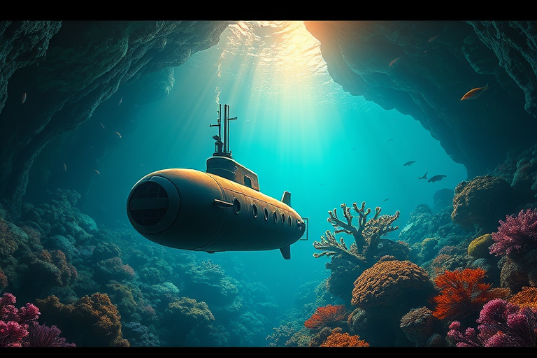 Create a highly detailed digital illustration of a submarine exploring a vibrant underwater cavern, showcasing rich marine life and intricate coral formations with dramatic lighting, using a Canon EOS 5D Mark IV with a 24-70mm f/2.8 lens, at ISO 200, aperture f/8, and a shutter speed of 1/125 seconds, in a wide-angle perspective.