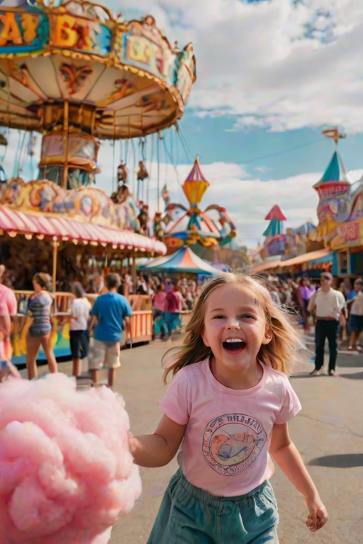Colorful carnival, with rides whirling in the background, children laughing, and cotton candy stands bustling, creating a sense of childhood joy and excitement.