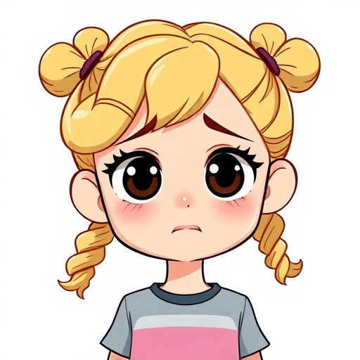 Create a high-resolution illustration of a cartoon girl with blonde curly hair in pigtails and a sad expression, using a DSLR camera with a 50mm lens, f/1.8 aperture, ISO 100, taken from a frontal view with natural lighting for enhanced image quality.