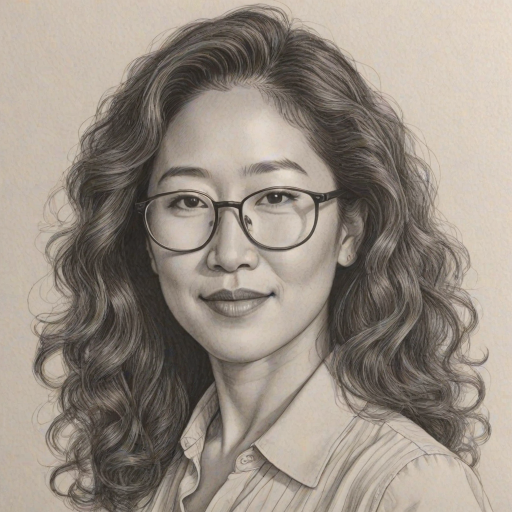 Ravishing Sandra Oh, pencil sketch, portrait of Resplendent woman 1980s in glasses, hair style beatnik, outline, clear lines, fine lines, 8k
