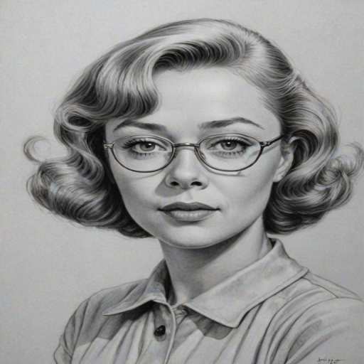 Captivating Glynis Johns, pencil sketch, portrait of Resplendent woman 1949s in glasses, hair style beatnik, outline, clear lines, fine lines, 8k