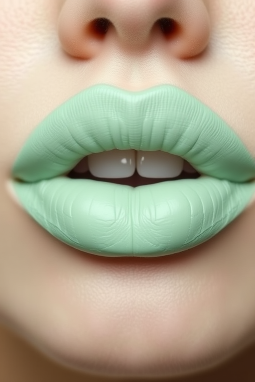 Pastel mint green lips with a creamy matte texture, offering a unique and refreshing take on unconventional lip colors