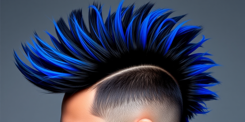 Dramatic jet-black mohawk with electric blue tips, styled in an edgy, gravity-defying fashion, radiating rebellious energy, dubbed "Midnight Rebel"