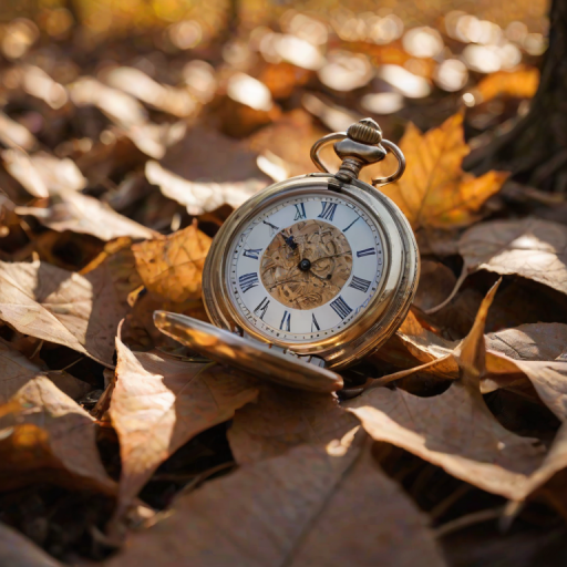 Close-up of a vintage pocket watch lying on a bed of autumn leaves, soft sunlight filtering through trees casting delicate shadows on the golden casing, with a sense of nostalgia in the air.