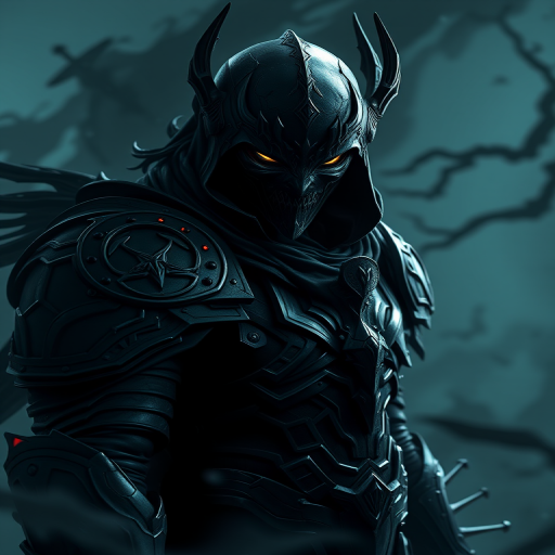 Create a high-resolution digital artwork of a dark, armored figure with glowing eyes and intricate details, set in a stylized, ominous environment with swirling shadows, using a Canon EOS R5 camera with a 50mm f/1.2 lens, at ISO 200, f/2.8 aperture, and a shallow depth of field for enhanced focus on the character, in a dramatic, cinematic style.