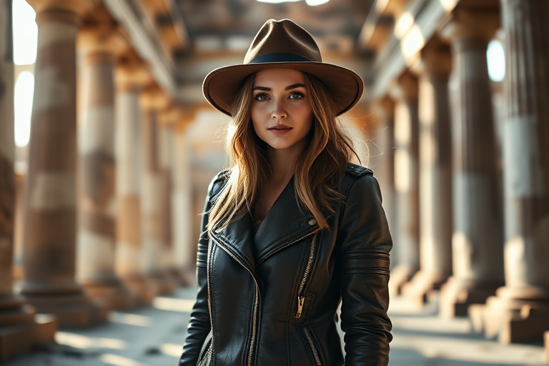 portrait of a young woman in a leather jacket and hat standing in an ancient temple, dramatic lighting, shallow depth of field, 85mm lens, f/1.8, ISO 200, natural light, DSLR camera inside a historical site