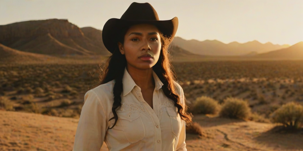 Dramatic photo of a beautiful Fijian woman, classic cowboy attire, confident and free spirit expression, half-length portrait, centered, golden hour desert landscape, warm, diffused light, low angle, medium format film camera, in style of Annie Leibovitz.